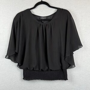 Vtg B Wear Y2K Sheer Overlay Black Dolman Batwing Sleeve Blouse Smocked Hem Sz M